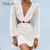 2021 Knit Stripe Long Sleeve Dress Beach Backless Summer Hollow Out Women V Neck Sexy Party Mini Dresses Casual