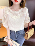 Hollow Women Tops Summer French Style Sweet Blouse 2023 New Fashion Half Sleeve Clothes Apricot Lace Shirt Blusas