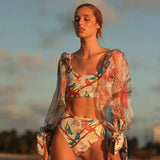 New Sexy High Waist Bikini Set Belt Bottom Swimwear Women Long Sleeve Bather Suit Beachwear Printed Biquini