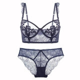 Ultra-thin Lingerie Women's Underwear Sexy Underwire Bra Brief Set Women Floral Embroidery Transparent Bralette