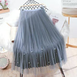 Both Sides Wear Pearls Mesh Skirt Women 2025 Summer Velvet High Waist Long Skirts Woman Solid Color A Line Pleated Skirts 211-1-Outfit