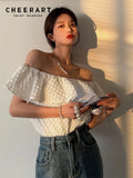 Off The Shoulder Top Texture White Summer Blouse Women Korean Fashion Puff Sleeve Ruffle Blouse 2022 Casual