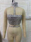 High Quality Fashion Red Hanging Neck Sexy Full Diamond Mini Top + Tight Height Waist Half-Dress