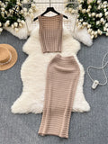 2024 Retro Knitted Two Pieces Sets Sleeveless Short Top+High Waist Slim Long Skirts Female Summer Hotsweet