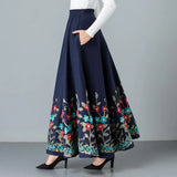 elegant Embroidered Maxi pleated skirt Women Plus Size Winter Warm Woolen Long Skirt Lady High Waist Casual Wool Office