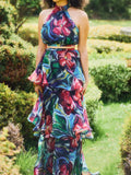 Zingj 2023 New Fashion Print Round Collar Sleeveless Waist Fluffy Cake Skirt Women's Wear-Outfit