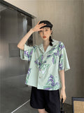 Mint Green Butterfly Hawaiian Shirt Women Summer 2022 Short Sleeve Top Lapel Oversized Beach Shirt Holiday