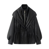 Summer New Fashion Temperament Fake Two Long Lantern Sleeve PU Leather Coat