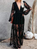 Lace Dress Long Women Bohemian Embroidered Maxi Dress Female V Neck Hollow Out White Casual Holiday Beach Dress