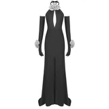 Ins Net Red Hot Women's Long Open Fork Dress Three-Dimensional Flowers With Gloves Hanging Neck