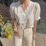 Ladies Lace Border Shirt Fashion Women Hollow Out White Blouse Simple Casual V-Neck Short Sleeve Blouses and