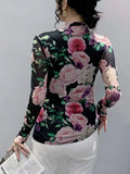 Winter High Neck Fashion Printed Thick Mesh Long Sleeve T-shirt Women Slim Trendy T Shirts Fashion Floral Top For