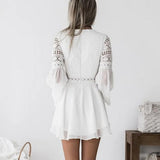 White Lace Dress Elegant Hollow Out V Neck Cross Lace Up Mini Sexy Dress Casual Short A-Line Dress Vintage