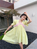 Yellow Puff Sleeve Patchwork Organza Babydoll Dress Korean Fashion Short Sleeve Kawaii Cute Designer Summer Dress