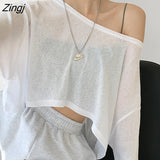 Women Solid Color Loose Crop Top Female Thin Breathable Clothing All-match High Street Cool Hip-hop Leisure Lady