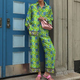 Print Long Sleeve Shirt Outfits Elegant Lapel Buttoned Blouse Long Pant Suits Women Loose Mid Waist Pants Two Piece