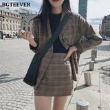Retro Plaid Blazer Sets Single-breasted Jacket & Pencil Skirt Vintage 2 Pieces Skirt Suits Female Office Ladies Blazer