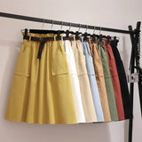 Knee Length Summer Autumn Skirt Women No Belt Casual Cotton Solid High Waist Sun School Skirt