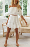 Queens Women 2 Pcs Suit Beach Bohemian White Off Shoulder Lace Splicing Tops Sexy Mini Boho Skirt Two Pieces