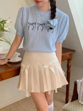 Bowknot Short Sleeve Round Neck Knit Top- Outfit
