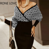 Women Elegant Geo Print Long Sleeve Tied Detail Patchwork Bodycon Dress Working