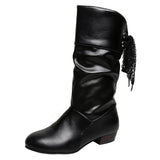 Autumn And Winter Large-Size Knight Boots Low And Round Head After The Tie With Warm Mid-Sleet Boots