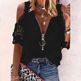 Lace Zipper Blouse Hollow Out Short Sleeve Women V-neck 5XL Casual Fashion Shirt Lady Loose Sexy Elegant Tops Mujer