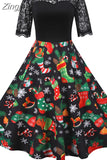 Women's Christmas Dress Short Sleeve Lace Santa Claus Print High Waist Elegant Vintage Winter Xmas Party