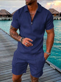 Zipper Lapel Shirts And Pockets Shorts Suits Mens Summer Outfits Fashion Streetwear Vintage Printed Two Piece Sets