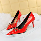 Zingj High-Heeled Women's Shoes Fine Heel Bright Face Lacquer Leather Shallow Mouth Tip OL High Heel Metal Belt Buckle Single