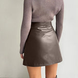 Spring High Waist Women's Leather Skirts Chic Zipper A-line Mini Skirt Elegant Fashion Ladies Faux Leather Skirt