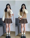 Autumn College Style Retro Vest Three-Piece Suit Female High-Waisted Half-Dress Long-Sleeved Shirt