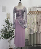 Dizzling U-Neck Rope Long-Sleeved Mesh Yarn Coat + Sling On The Back Of The Long Dress Two Sets