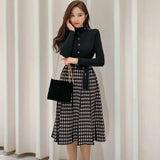Women's Korean Style Knit Dress Fashion Turtlenck sweater Knit Spliced Plaid High Waist A-line Dress Vestidos Knee