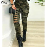 Autumn Fashion Camouflage Print Fringe Hem Cutout Skinny Jeans Womens Hollow Out Long Pants Casual Trousers Loungewear