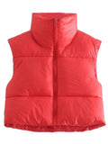 Women Fashion Brown Cropped Vest Coat Female Stand Collar Zipper Waistcoat Ladies Casual