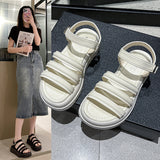 Word Buckle Platform Sandals Female 2025 Summer New Strip Platform Platform Students Casual Flat Sandals Roman