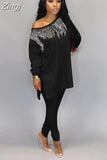 Winter Women Sets Full Sleeve Sequined Top + Pants Suits Two Piece Set Casual Tracksuits Loose Fitness Streetwear