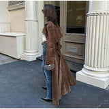 Brown Suede Long Belt Trench Coat-Outfit