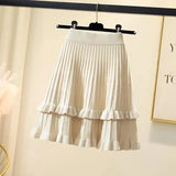 Knit Solid Elastic High Waist Ruffles Pleated Midi Skirt- Outfit