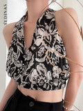 Floral Print Sleeveless Tank Top Women V-neck Halter Off Shoulder Vintage Beach Style Sexy Backless Tees Summer