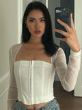 Top Women Long Sleeve Crop Top Square Neck T-Shirt Fairy Grunge Solid White Hook Eye Tops Sexy Brown Tee Shirt Y2K