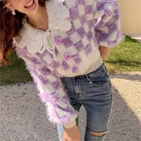 Zingj Purple Ins2024 New Checkerboard Milk Sweet Gentle Wind Reduced Age Girl Short Doll Collar Sweater Coat-Outfit