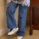 Summer Blue Denim Jeans Women Korean Loose Love Pattern Baggy Jeans Feminino Wide Leg Pants Pantalon Pour