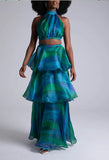Zingj 2023 New Fashion Print Round Collar Sleeveless Waist Fluffy Cake Skirt Women's Wear-Outfit