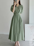 Solid Linen V-Neck Short Sleeve Elastic Waist Woman Midi Dress Elegant Green Summer 2023 Korean Fashion Women
