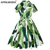 Leaf Print Cotton Pinup Swing Women Dress with Belt 4XL 3XL Robe Femme 50's 60s Retro Vintage Dress Costume Party