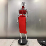 High Quality Fashion Red Hanging Neck Sexy Full Diamond Mini Top + Tight Height Waist Half-Dress