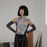 Designer Off Shoulder Mesh Top Long Sleeve Top See Through T Shirt Women Tee Shirt Summer Fashion
