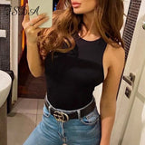 Summer Women Sleeveless Khaki Bodysuit 2020 Sexy Black Body Top Casual O Neck White Streetwear Bodysuits Off